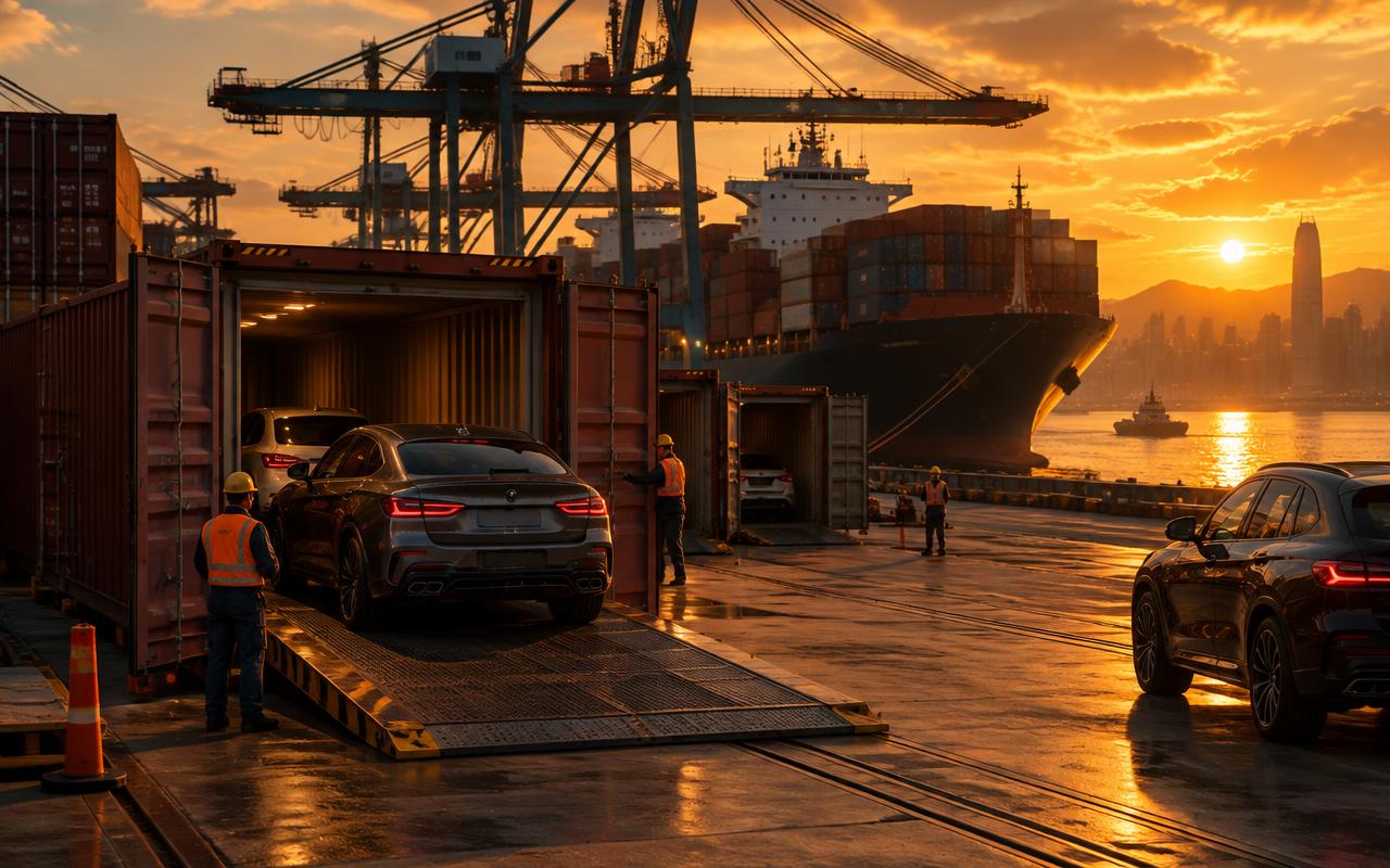 Cars being loaded into containers at the Port of Hong Kong